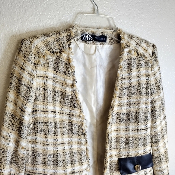 Zara Metallic Fringe Tweed Faux Leather Blazer Sz Xs - Picture 3 of 7